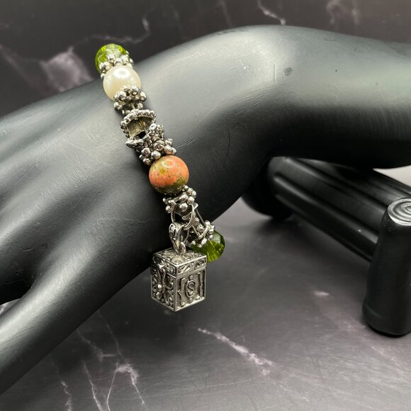 Vintage Unakite & Sterling Bracelet 925 Locking Box Charm Glass Beads Faux Pearl - Picture 9 of 10